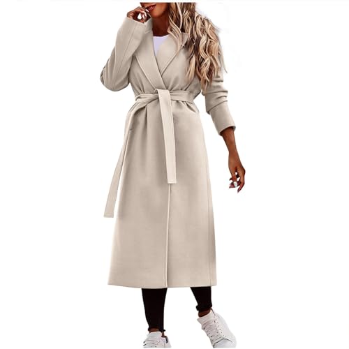 Wintermantel Damen Lang Fashion Mit Gürtel Warm Klassischer Elegant Jacken Wollmantel Old Money Aesthetic Women Clothes Business Outfit Beige XL von MOKBAY
