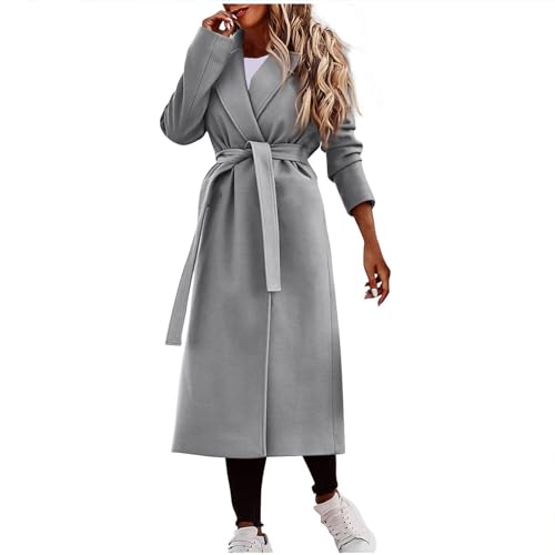 Wintermantel Damen Lang Fashion Mantel Mit Gürtel Warm Klassischer Mantel Elegant Damen-Jacken Wollmantel Old Money Aesthetic Women Clothes Business Outfit Grau M von MOKBAY