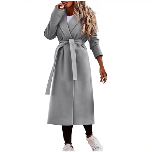 Wintermantel Damen Lang Fashion Mantel Mit Gürtel Damen Warm Klassischer Mantel Elegant Damen-Jacken Wollmantel Old Money Aesthetic Women Clothes Business Outfit Grau S von MOKBAY