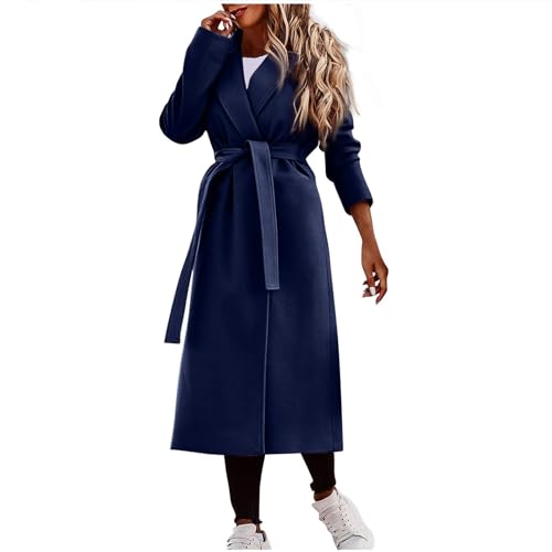 Wintermantel Damen Lang Fashion Mantel Mit Gürtel Warm Klassischer Mantel Elegant Damen-Jacken Wollmantel Old Money Aesthetic Women Clothes Business Outfit Marine XXL von MOKBAY