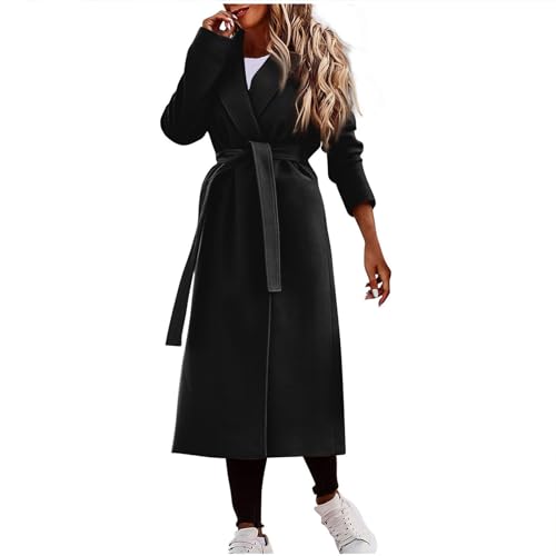 Wintermantel Damen Lang Fashion Mantel Mit Gürtel Warm Klassischer Mantel Elegant Damen-Jacken Wollmantel Old Money Aesthetic Women Clothes Business Outfit Schwarz L von MOKBAY
