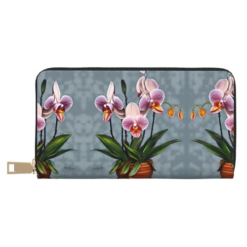 MOKESHN Blooming Orchids Leder Geldbörse Unisex Lange Geldbörse Business Reißverschluss Mehrere Kartenfächer Große Kapazität Mode Casual Wallet Weiß von MOKESHN