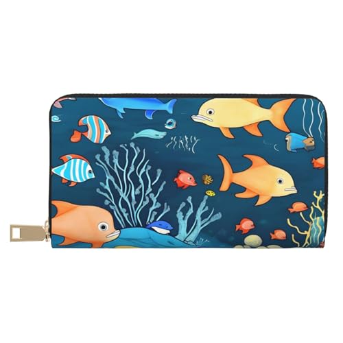 MOKESHN Blue Underwater World Of Fish Leder Geldbörse Unisex Lange Geldbörse Business Reißverschluss Mehrere Kartenfächer Große Kapazität Mode Casual Wallet Weiß One Size von MOKESHN
