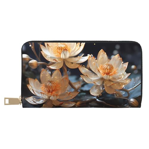 MOKESHN Bohemian White Lotus Leather Wallet Unisex Long Wallet Business Zipper Multiple Card Slots Large Capacity Fashion Casual Wallet White One Size von MOKESHN
