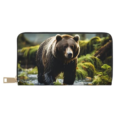 MOKESHN Brown Bear Pounce Leder Geldbörse Unisex Lange Geldbörse Business Reißverschluss Mehrere Kartenfächer Große Kapazität Mode Casual Wallet Weiß One Size von MOKESHN