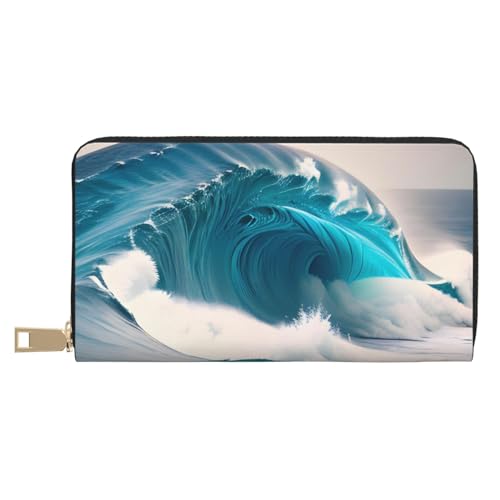 MOKESHN Cartoon Blue Sea Wave Leder Geldbörse Unisex Lange Geldbörse Business Reißverschluss Mehrere Kartenfächer Große Kapazität Mode Casual Wallet von MOKESHN