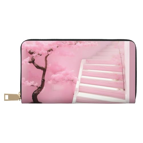 MOKESHN Cherry Blossom White Staircase Leather Wallet Unisex Long Wallet Business Zipper Multiple Card Slots Large Capacity Fashion Casual Wallet von MOKESHN