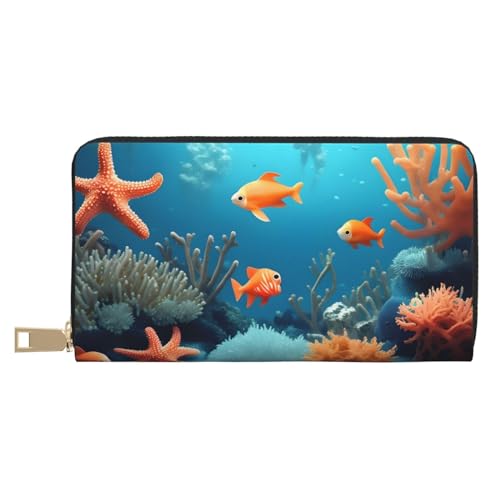 MOKESHN Coral Fish Unterwasser Leder Geldbörse Unisex Lange Geldbörse Business Reißverschluss Mehrere Kartenfächer Große Kapazität Mode Casual Wallet Weiß von MOKESHN