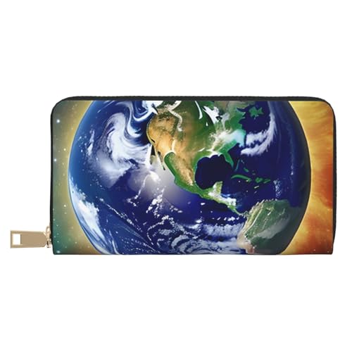 MOKESHN Cosmic Earth Leder Geldbörse Unisex Lange Geldbörse Business Reißverschluss Mehrere Kartenfächer Große Kapazität Mode Lässige Brieftasche von MOKESHN
