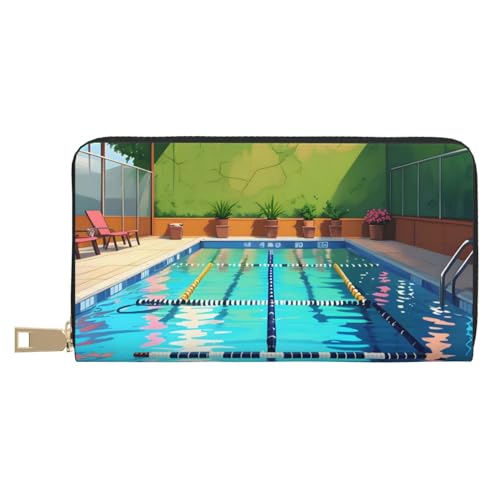 MOKESHN Flamingo und Schwimmbad Leder Geldbörse Unisex Lange Geldbörse Business Reißverschluss Mehrere Kartenfächer Große Kapazität Mode Casual Wallet Weiß Einheitsgröße von MOKESHN