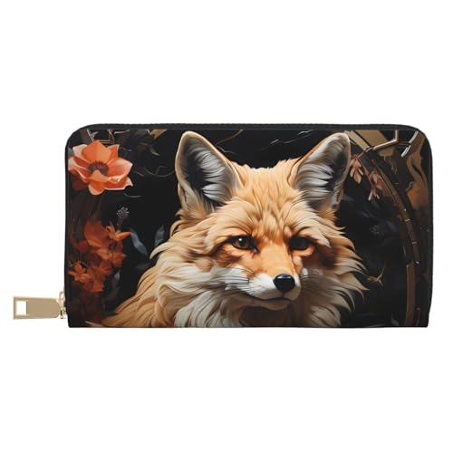 MOKESHN Fox And Flowers Leder Geldbörse Unisex Lange Geldbörse Business Reißverschluss Mehrere Kartenfächer Große Kapazität Mode Casual Wallet Weiß One Size von MOKESHN