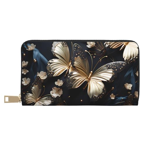 MOKESHN Gold Weiß Schmetterlinge Schwarz Leder Geldbörse Unisex Lange Geldbörse Business Reißverschluss Mehrere Kartenfächer Große Kapazität Mode Casual Geldbörse von MOKESHN