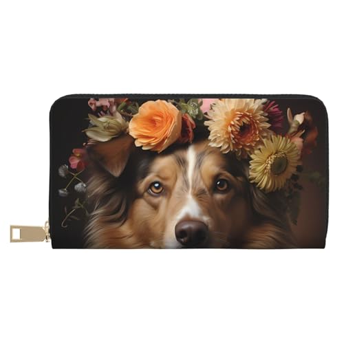 MOKESHN Hundemädchen mit Blumen Leder Geldbörse Unisex Lange Geldbörse Business Reißverschluss Mehrere Kartenfächer Große Kapazität Mode Lässige Brieftasche Weiß von MOKESHN