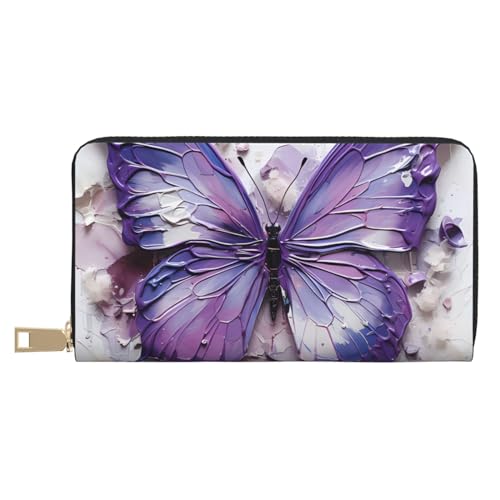 MOKESHN Lila Ölgemälde Schmetterling Leder Geldbörse Unisex Lange Geldbörse Business Reißverschluss Mehrere Kartenfächer Große Kapazität Mode Casual Wallet Weiß Einheitsgröße von MOKESHN