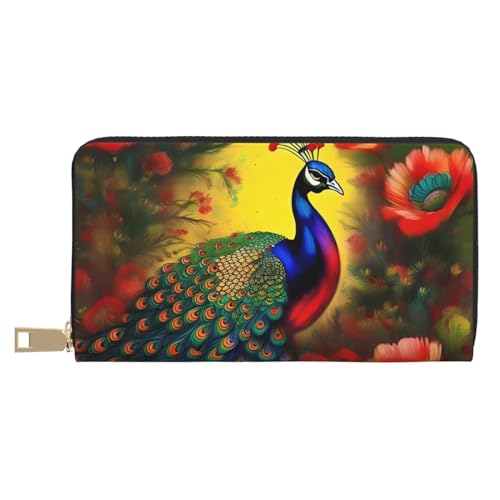 MOKESHN Pfauenblumen Leder Geldbörse Unisex Lange Geldbörse Business Reißverschluss Mehrere Kartenfächer Große Kapazität Mode Casual Wallet Weiß Einheitsgröße von MOKESHN