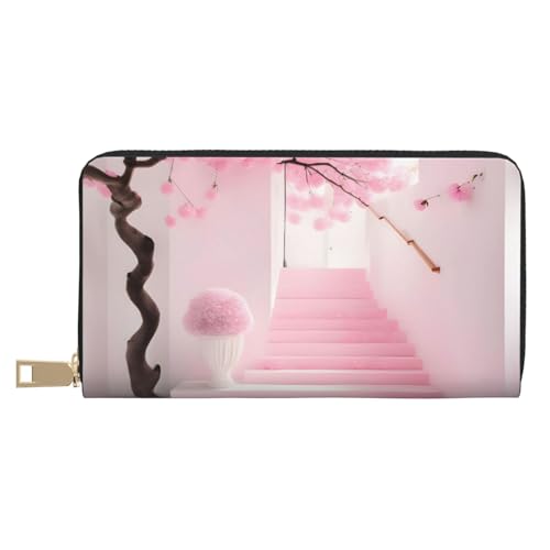 MOKESHN Pink Cherry Blossom Staircase Leather Wallet Unisex Long Wallet Business Zipper Multiple Card Slots Large Capacity Fashion Casual Wallet White One Size von MOKESHN