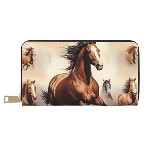 MOKESHN Prancing Brown Horse Leder Geldbörse Unisex Lange Geldbörse Business Reißverschluss Mehrere Kartenfächer Große Kapazität Mode Casual Wallet von MOKESHN