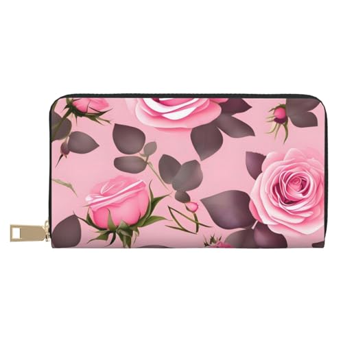 MOKESHN Pretty Pink Roses Ledergeldbörse Unisex Lange Geldbörse Business Reißverschluss Mehrere Kartenfächer Große Kapazität Mode Casual Wallet Weiß Einheitsgröße von MOKESHN