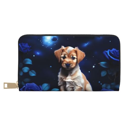 MOKESHN Puppy Blue Rose Leder Geldbörse Unisex Lange Geldbörse Business Reißverschluss Mehrere Kartenfächer Große Kapazität Mode Casual Wallet von MOKESHN