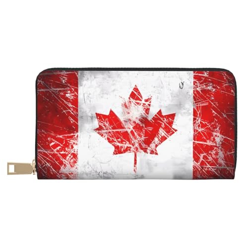 MOKESHN Retro Kanada Flagge Leder Geldbörse Unisex Lange Geldbörse Business Reißverschluss Mehrere Kartenfächer Große Kapazität Mode Casual Wallet von MOKESHN