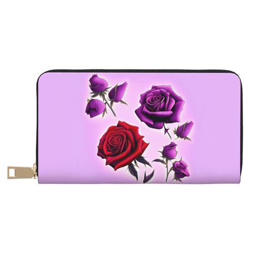 MOKESHN Rote und lila Rosen Leder Geldbörse Unisex Lange Geldbörse Business Reißverschluss Mehrere Kartenfächer Große Kapazität Mode Casual Wallet Weiß Einheitsgröße von MOKESHN