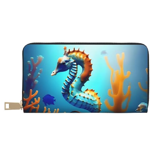 MOKESHN Seabed Coral Seepferdchen Leder Geldbörse Unisex Lange Geldbörse Business Reißverschluss Mehrere Kartenfächer Große Kapazität Mode Casual Wallet von MOKESHN