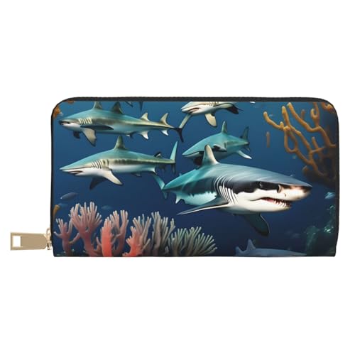 MOKESHN Sharks Under The Sea Leder Geldbörse Unisex Lange Geldbörse Business Reißverschluss Mehrere Kartenfächer Große Kapazität Mode Lässige Brieftasche von MOKESHN