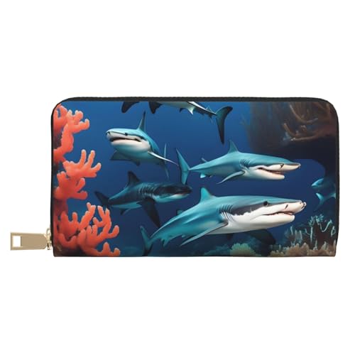 MOKESHN Submarine Shark Coral Leder Geldbörse Unisex Lange Geldbörse Business Reißverschluss Mehrere Kartenfächer Große Kapazität Mode Casual Wallet Weiß von MOKESHN