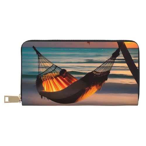 MOKESHN Sunset Beach Hängematte Leder Geldbörse Unisex Lange Geldbörse Business Reißverschluss Mehrere Kartenfächer Große Kapazität Mode Casual Wallet von MOKESHN