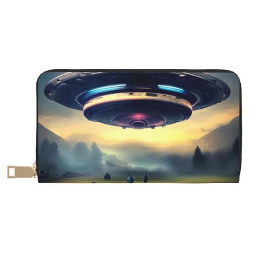 MOKESHN Ufo Landing Leder Geldbörse Unisex Lange Geldbörse Business Reißverschluss Mehrere Kartenfächer Große Kapazität Mode Casual Wallet Weiß von MOKESHN