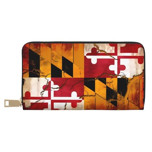 MOKESHN Vintage Wooden Maryland Flag Leather Wallet Unisex Long Wallet Business Zipper Multiple Card Slots Large Capacity Fashion Casual Wallet White One Size von MOKESHN