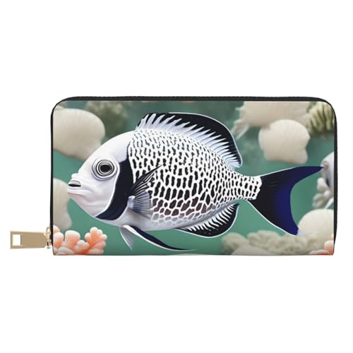 MOKESHN Weiße Tropische Fische Leder Geldbörse Unisex Lange Geldbörse Business Reißverschluss Mehrere Kartenfächer Große Kapazität Mode Casual Wallet Weiß Einheitsgröße von MOKESHN