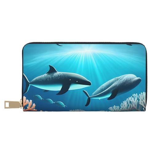 MOKESHN Whales Under The Sea Leder Geldbörse Unisex Lange Geldbörse Business Reißverschluss Mehrere Kartenfächer Große Kapazität Mode Casual Wallet Weiß von MOKESHN
