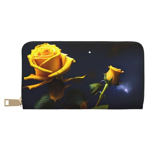 MOKESHN Yellow Roses Starry Night Leder Geldbörse Unisex Lange Geldbörse Business Reißverschluss Mehrere Kartenfächer Große Kapazität Mode Lässige Brieftasche von MOKESHN
