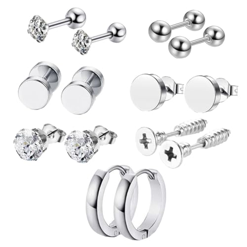 MOKKHNB 14 Stück Teiliges Ohrstecker Herren Runde Ohrhänger Silber Stylisches Piercing Schmuck für Alltag und Besondere Anlässe Hautfreundlich und Vielseitig Kombinierbar von MOKKHNB