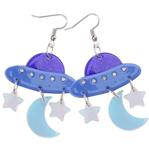 MOKKHNB 1Paar Cartoon Mondstern Ohrringe Hängende Ohrringe für Frauen Blaues Raumschiff Design Tropfenform für von MOKKHNB