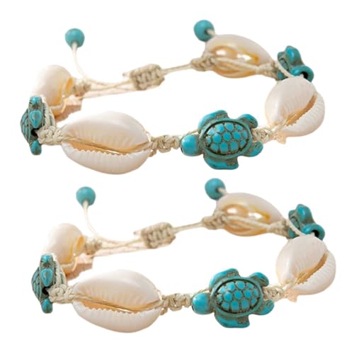 MOKKHNB 2Stücke Muschelarmreifen mit Schildkrötenanhänger Verstellbare Boho Fußkettchen für Damen Natürliche Schale Meeresschildkröten Schmuck für Strandurlaub Sommermode von MOKKHNB