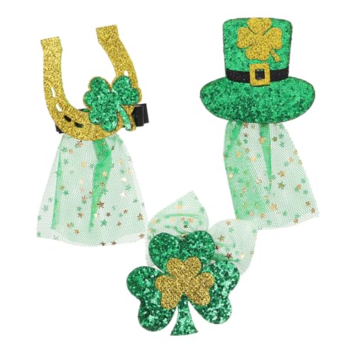 MOKKHNB 3stücke Teiliges St Patrick's Day Haaraccessoires Elegante Haarspangen Mit Glitzer Drei-kleeblatt Hut Und Pferdebeschlag Mit Grünem Schleier Für Frauen Und Mädchen Für Festlichkei von MOKKHNB
