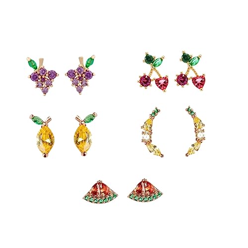 MOKKHNB 5Paare Kreative Frucht Ohrringe für Damen Ohrringe mit Strass Tropische Motive Zitrone Traube Wassermelone Herz Kirsche für Besonderen und Alltag von MOKKHNB