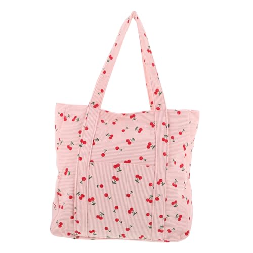 MOKKHNB Große Corduroy Handtasche Damen mit Kirschenprint Geräumige Umhängetasche für Alltag und Einkauf Weiche Strapazierfähige Tragetasche mit Modischem Design Vielseitig Einsetzbar für von MOKKHNB