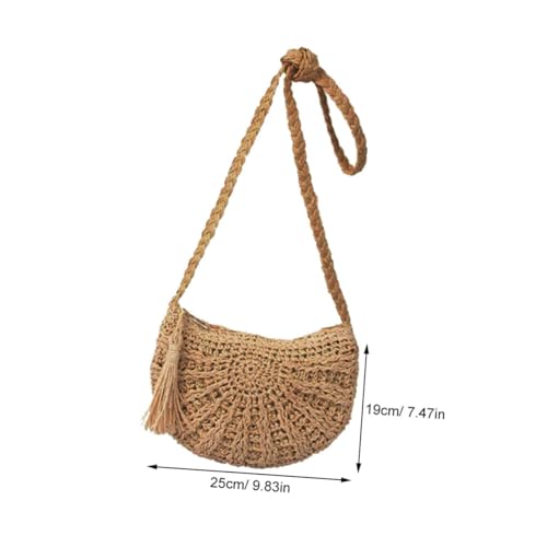 MOKKHNB Leichte Handgefertigte Stroh Umhängetasche Damen Halbkreis Geflochtene Strandtasche mit Quaste Modische Paper Yarn Schultertasche für Urlaub Freizeit Alltag von MOKKHNB