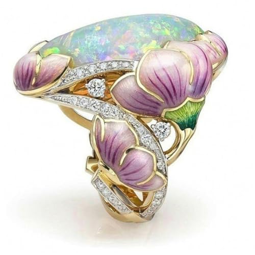 MOKKHNB Opalstein Gussring mit Farbigem Blumenmotiv Modischer Damenring Feiner Schmuck für Hochzeit Party und Alltag Stilvoll und Langlebig Geschenkidee für Frauen von MOKKHNB