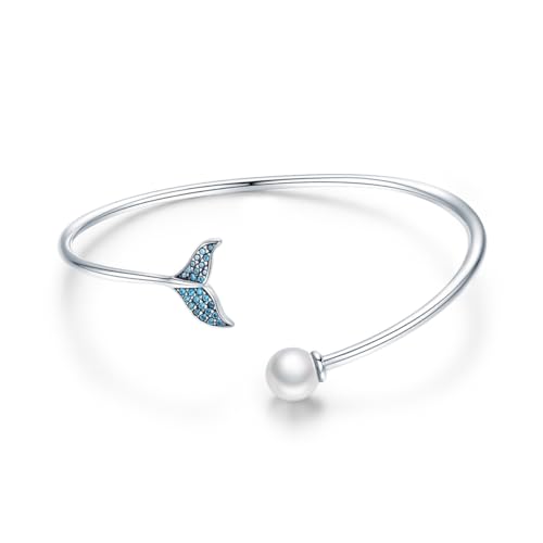MOKKHNB Silber Armband mit Offenem Design Blaues Meerjungfrauen Schwanzform Muschel Perlen Handschmuck Stilvolles Vielseitiges Accessoire für Frauen Perfektes von MOKKHNB