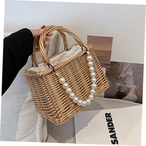 MOKKHNB Strandtasche Damen Strohtasche mit Perlendekor Handtasche aus Langlebigem Stroh und Tragbar für Strand Reisen Shopping Urlaub Sommerliche Tragetasche von MOKKHNB