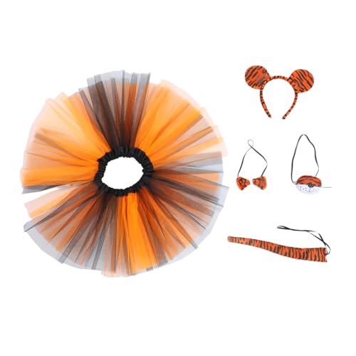 MOKKHNB Tiger Kostüm Teilig mit Weichem Tigerohren Stirnband Schleife und Orange Schwarzem Tüllrock Bequemes Party Zubehör für Halloween Cosplay und Faschingskostüme von MOKKHNB