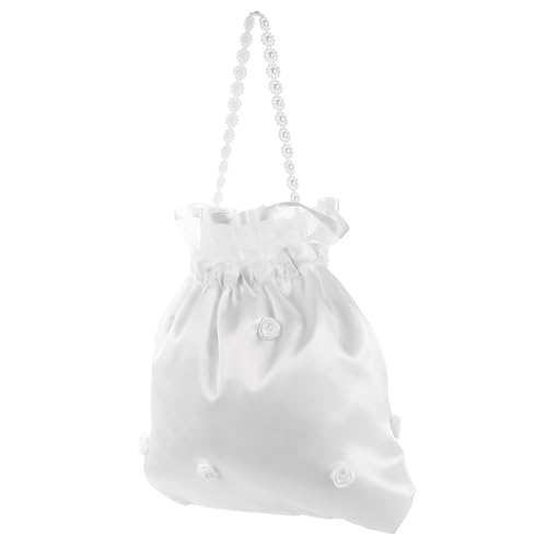 MOKKHNB Weiße Satin Brauttasche mit Spitzenblumen Kleine Dollytüte für Brautjungfern Hochzeitshandtasche für Braut und Blumenmädchen von MOKKHNB