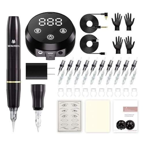 Mokohoa Permanent Make up Maschine, Tattoo Maschinen Set mit 20 Patronennadeln und MCU-Touchscreen und LED-Digitalanzeige, Tattoo-Kits Haut üben Augenbrauenstift 10 Tintenbecher (Schwarz) von MOKOHOA