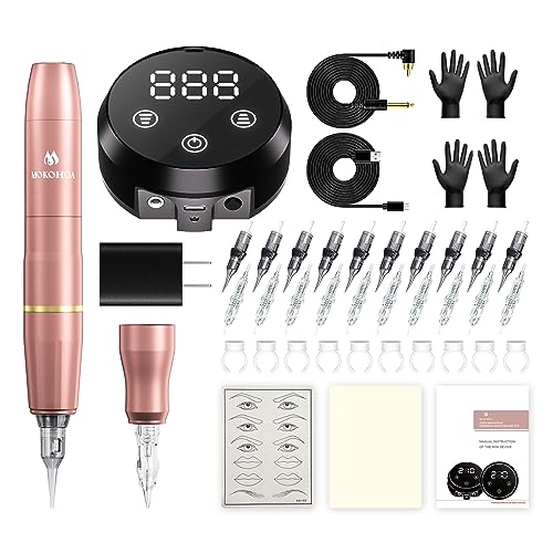 MOKOHOA Permanent Makeup Maschine Set,Tattoo Maschine Kit mit 20Stück Patronennadeln und MCU Touchscreen,Digitaler Netzteil 1600MAh für Augenbraue Eyeliner Lip,Tattoo-Kits Haut üben(Roségold) von MOKOHOA