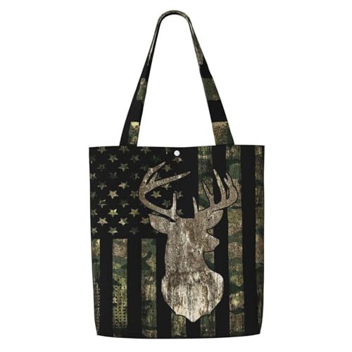 MOLAIGIN Canvas-Tragetasche, ästhetisch, für Damen, wiederverwendbare Tragetasche, Schultertaschen für Urlaub, Shopping, Arbeit, Lebensmittel, Camouflage, Jagd, Hirsch, amerikanische Flagge MOLAIGIN Canvas-Tragetasche, ästhetisch, für Damen, wiederverwendbare Tragetasche, Schultertaschen für Urlaub, Shopping, Arbeit, Lebensmittel, Camouflage, Jagd, Hirsch, amerikanische Flagge von MOLAIGIN