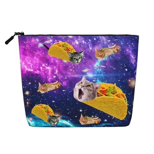 MOLAIGIN Kosmetiktasche für Damen, Reise-Make-up-Tasche, Kulturbeutel mit Reißverschluss, große Kapazität, ästhetische Etuis, Galaxie-Katzen-Taco, Blau / Violett, Einheitsgröße von MOLAIGIN
